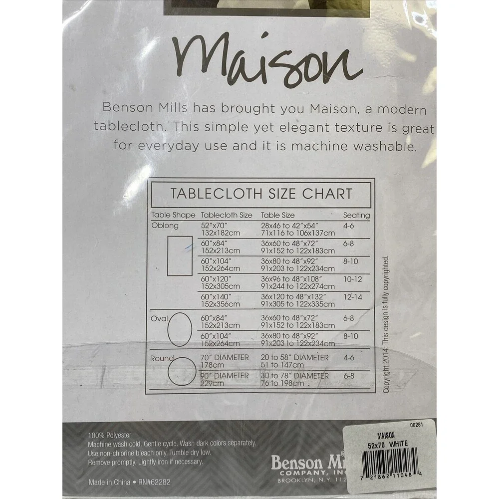 Maison Tablecloth White Fabric Heavy Wrinkle Resistant by Benson Mills